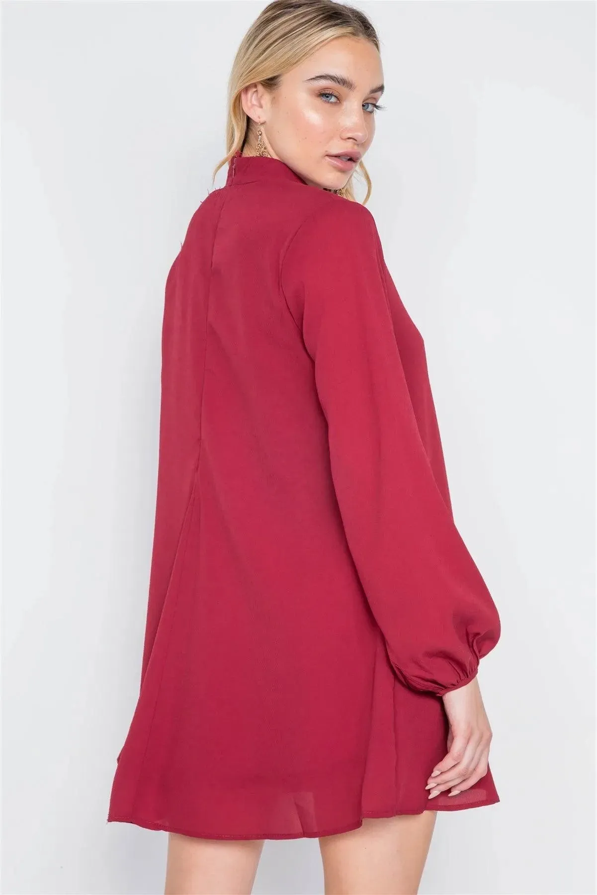 Wine Cut-Out Neck Solid Long Sleeve Dress /1-2-3