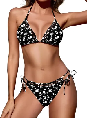 Women Two Piece Swimsuit Halter Triangle Hollow Out Bathing Suits Cheeky String Bikini Sets