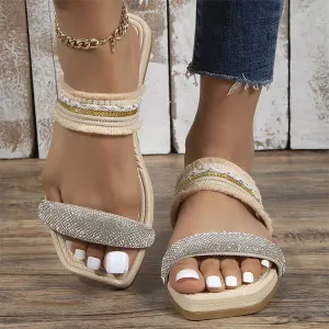 Women's Low-Heeled Rhinestone One-Strap Sandals 04746981C