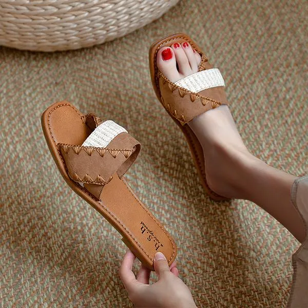 Women's Retro Brown Spliced Flat Sandals 98882652S