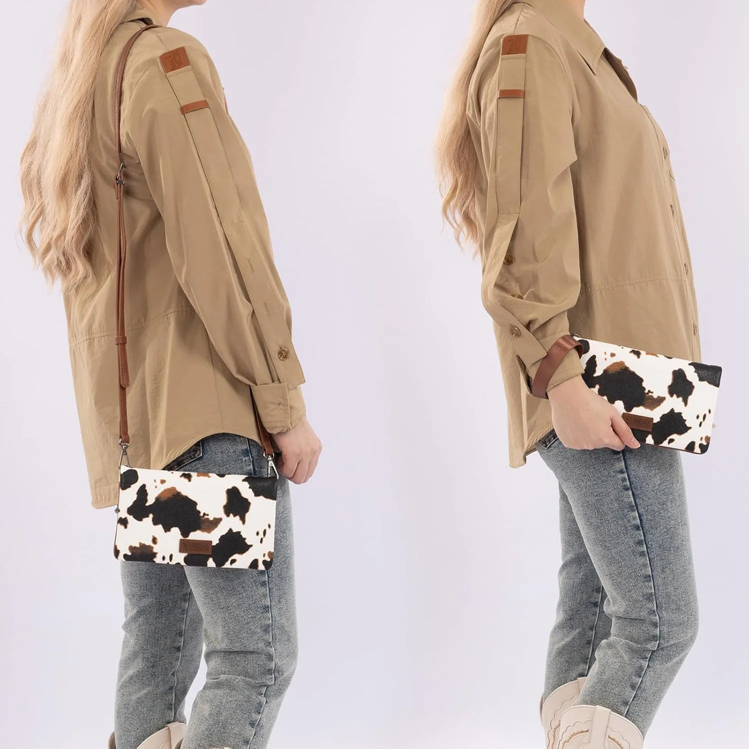 Wrangler Wristlet Wallet RFID Blocking Clutch Bifold Purse Women Credit Card Holder Cow Print with Crossbody Strap