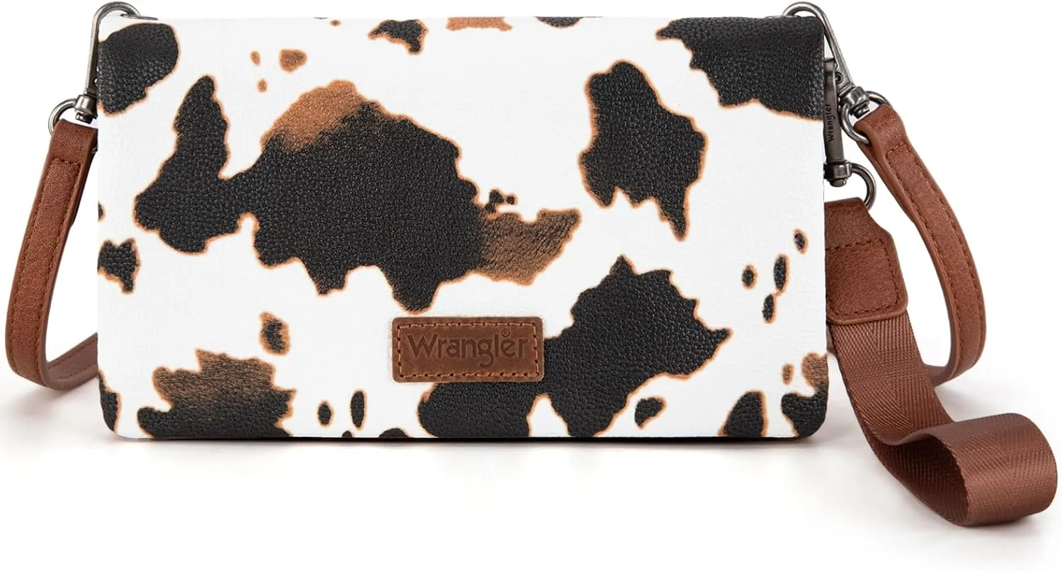 Wrangler Wristlet Wallet RFID Blocking Clutch Bifold Purse Women Credit Card Holder Cow Print with Crossbody Strap