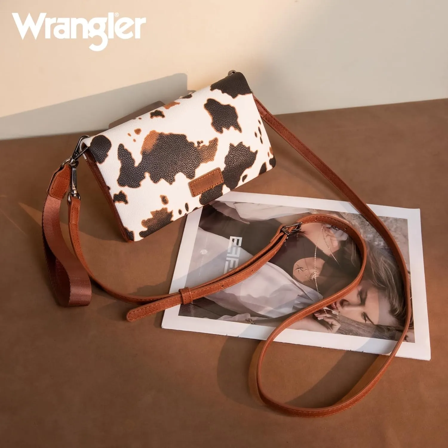 Wrangler Wristlet Wallet RFID Blocking Clutch Bifold Purse Women Credit Card Holder Cow Print with Crossbody Strap