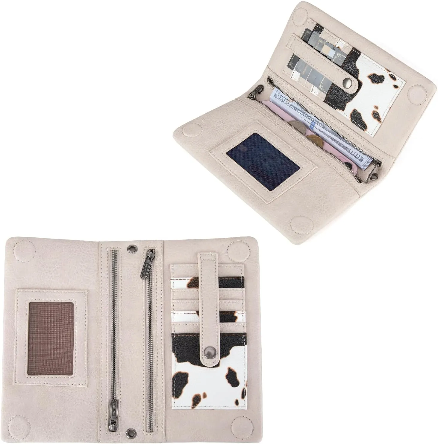 Wrangler Wristlet Wallet RFID Blocking Clutch Bifold Purse Women Credit Card Holder Cow Print with Crossbody Strap
