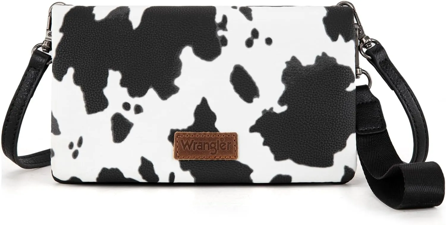 Wrangler Wristlet Wallet RFID Blocking Clutch Bifold Purse Women Credit Card Holder Cow Print with Crossbody Strap
