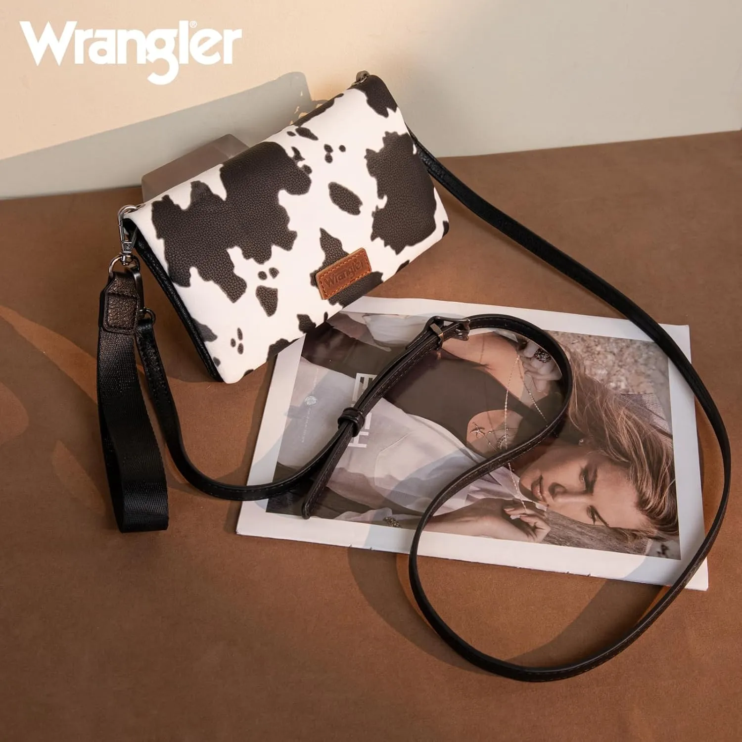 Wrangler Wristlet Wallet RFID Blocking Clutch Bifold Purse Women Credit Card Holder Cow Print with Crossbody Strap