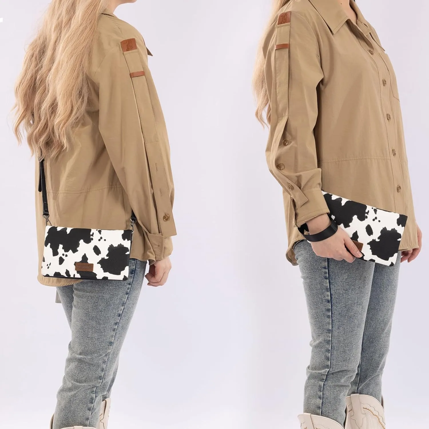 Wrangler Wristlet Wallet RFID Blocking Clutch Bifold Purse Women Credit Card Holder Cow Print with Crossbody Strap