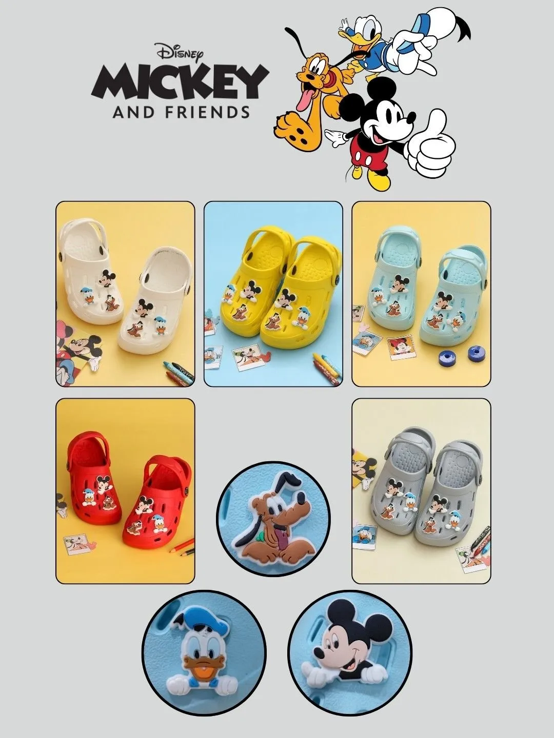 Yellow Bee Boys’ Disney Clogs Mickey Mouse, Donald Duck & Pluto Charms – Red