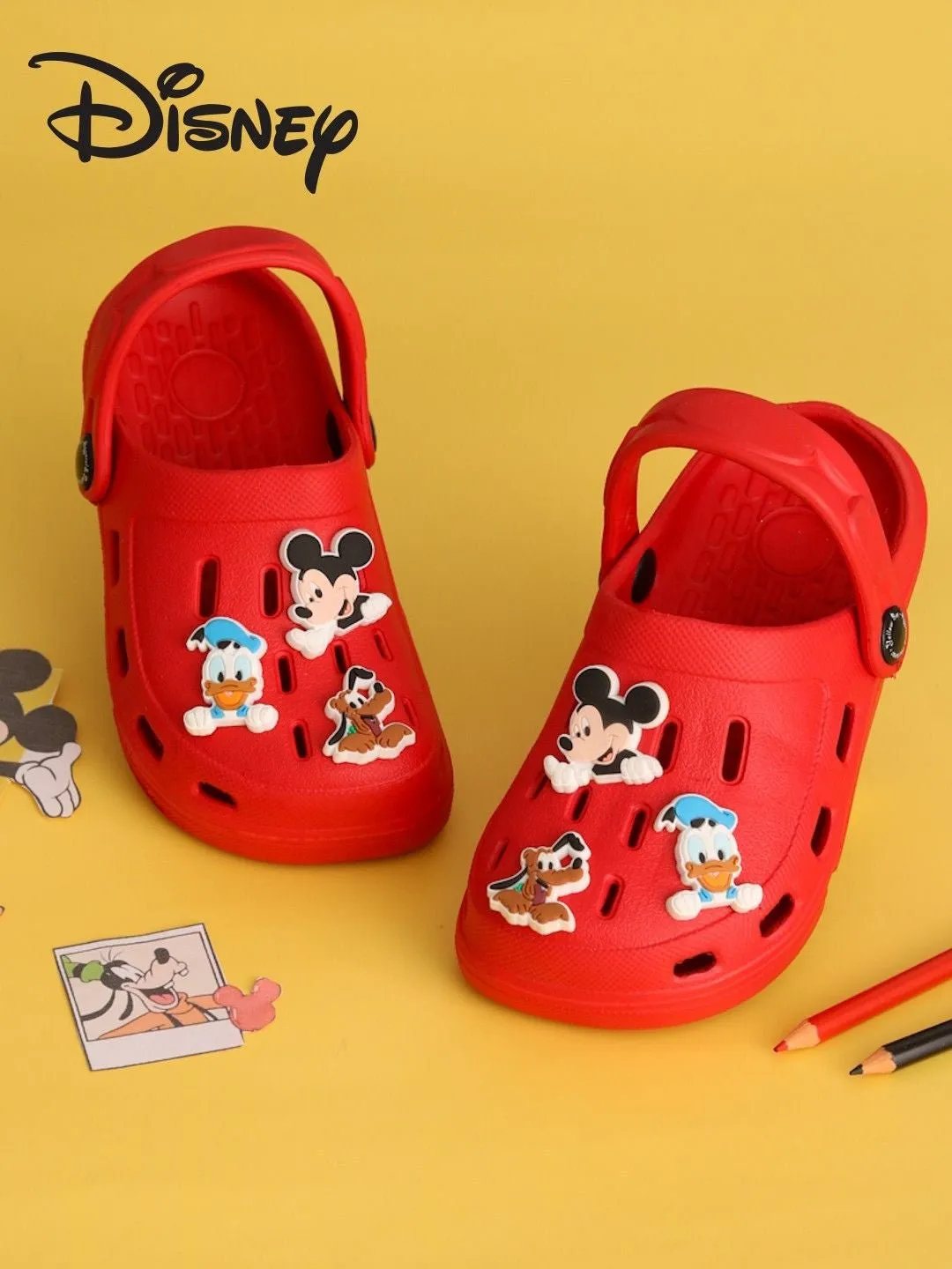 Yellow Bee Boys’ Disney Clogs Mickey Mouse, Donald Duck & Pluto Charms – Red